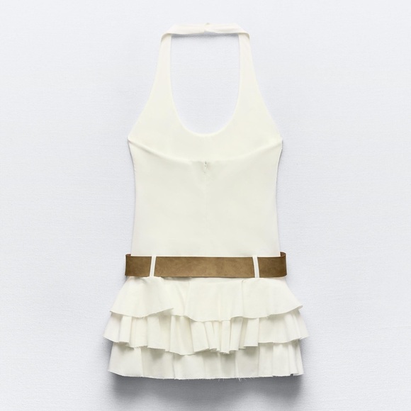 Zara Dress Mini Ruffled Belt White Casual Party Evening Statement - Picture 14 of 14